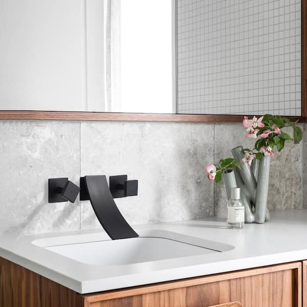 Waterfall Double Handle Wall Mounted Bathroom Sink Faucet, Solid Brass Bathroom Basin Faucet in Matte Black