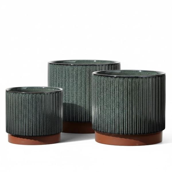 8+6.7+5.5 Inch Reactive Glaze Black Striped Ceramic Planters, Round Pots with Drainage, Indoor Outdoor, Set of 3