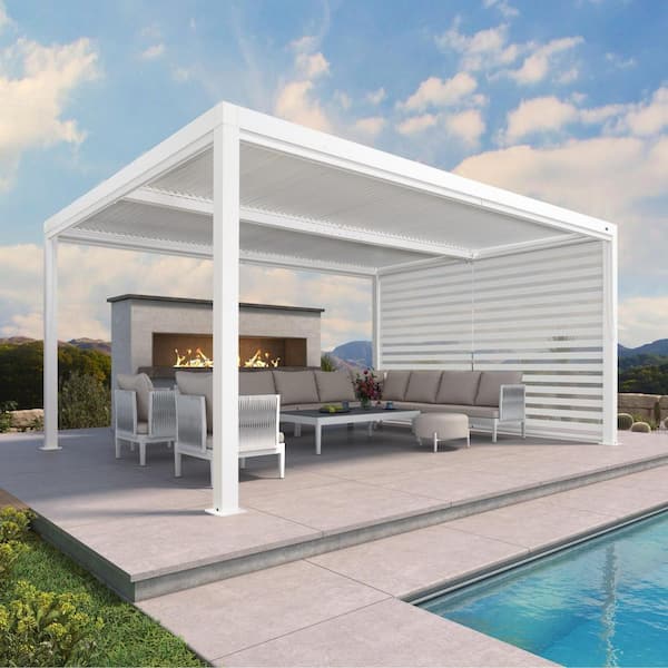 12 ft. x 16 ft. White Aluminum Frame Louvered Pergola with Individual Adjustable Roofs and 1-Short Side Roller Shades