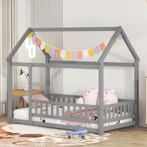 Twin Size House Floor Bed,Wooden Montessori Bed with Fence and Roof for Kids,Playhouse Bed Frame for Girls,Boys(Gray)