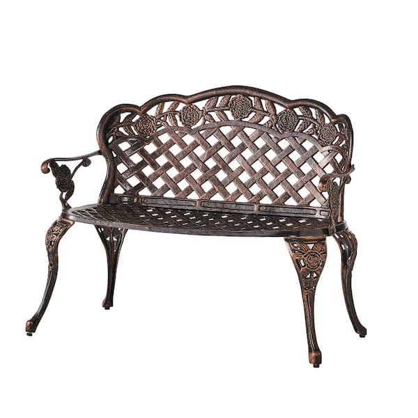 COOLSHARK Garden Bench, Outdoor Benches, Iron Steel Frame Patio Bench with Mesh Pattern and Backrest Armrests, Copper