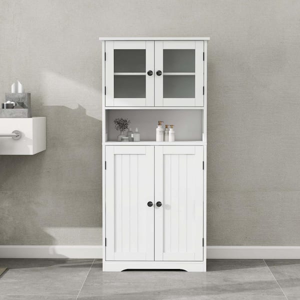 FUNKOL 50 in White Freestanding Bathroom Storage Cabinet with Glass Doors & Adjustable Shelves and Open Compartments