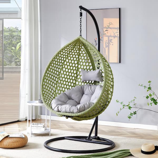 47 in. W Green Wicker Patio Swing with Brown Cushion For Patio Balcony, Backyard, Bedroom