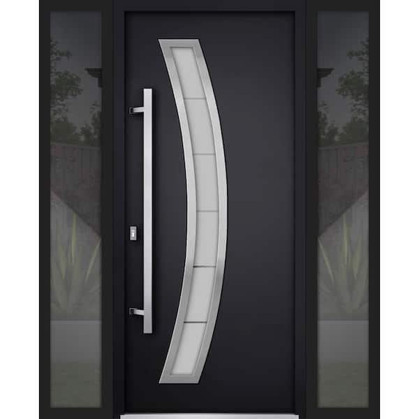 VDOMDOORS 68 in. x 80 in. Right-hand/Inswing Frosted Glass Black Enamel Steel Prehung Front Door with Hardware