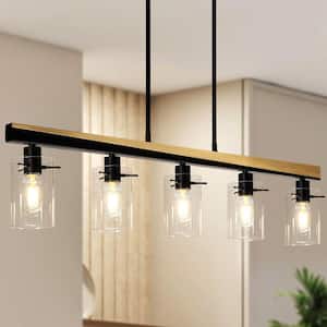 Modern 5-Light Black and Plated Brass Chandelier Kitchen Island Light with Cylinder Clear Glass Shades for Dining Room