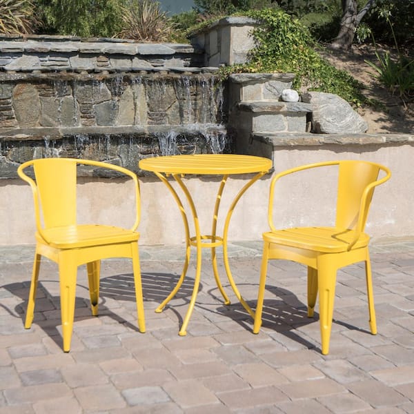 3 Piece Yellow Metal Bistro Set Charming Style Water Resistant Table and 2 Chairs Outdoor Patio Furniture Set XB J11065 The Home Depot