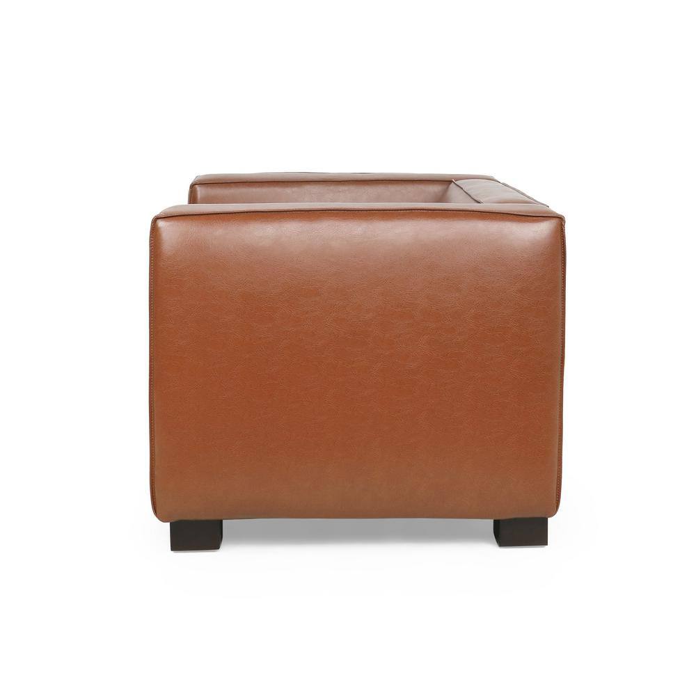 Cognac Brown Square Arm Faux Leather Club Chair with Dark Walnut Wood Legs