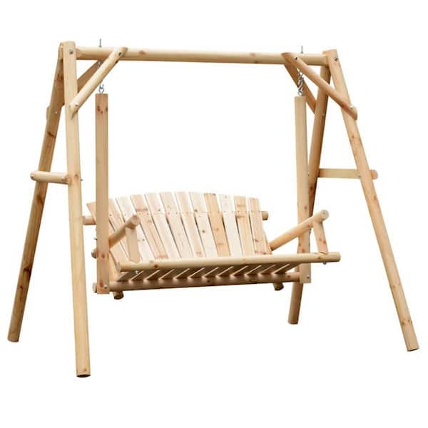 2-Person Wood Patio Swing Bench, Ergonomic Design, 'A' Frame Construction, Stable and Non-Slip, Solid Wood Frame Log