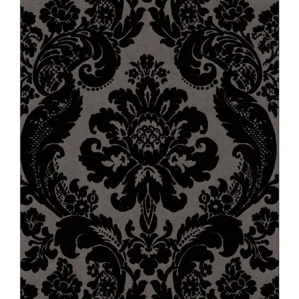 Shadow Black Flocked Damask Wallpaper