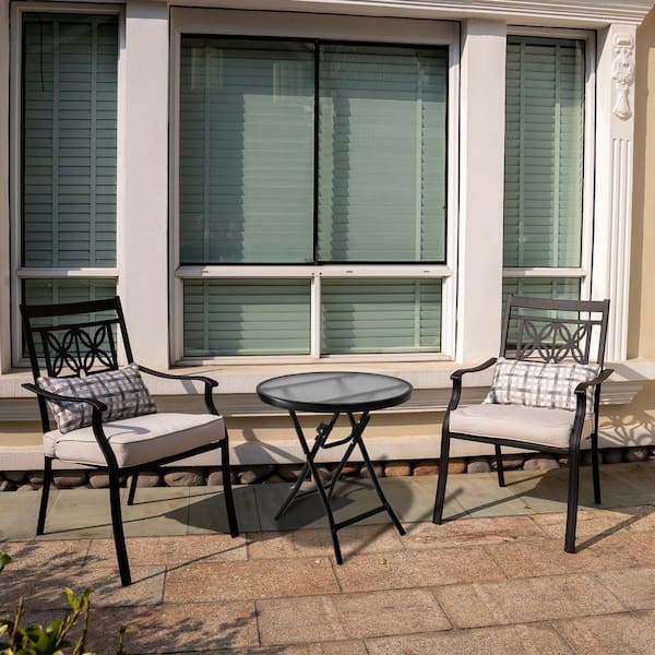 GARSING Black Metal Outdoor Dining Chair with Beige Cushion and Pillow (2-Pack)