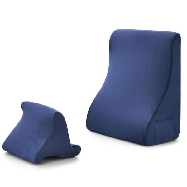 Navy Blue 19 in. x 9.5 in. Memory Foam Bed Wedge Throw Pillow with Tablet Pillow Stand and Side Pockets (Set of 2)