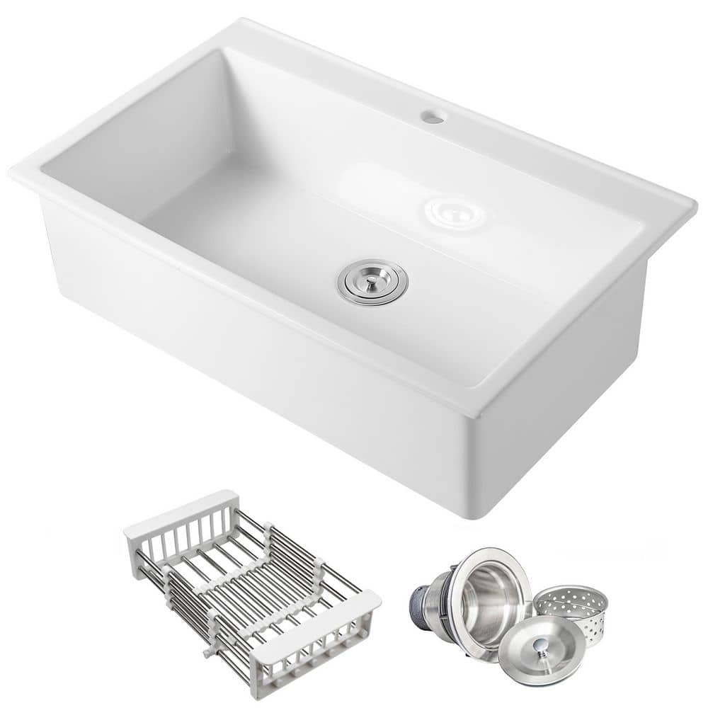 White Fireclay 36 in. Single Bowl Drop-in Mount Kitchen Sink with Basket Strainer price history on PriceWatchPro