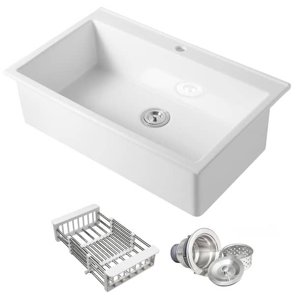 White Fireclay 36 in. Single Bowl Drop-in Mount Kitchen Sink with Basket Strainer