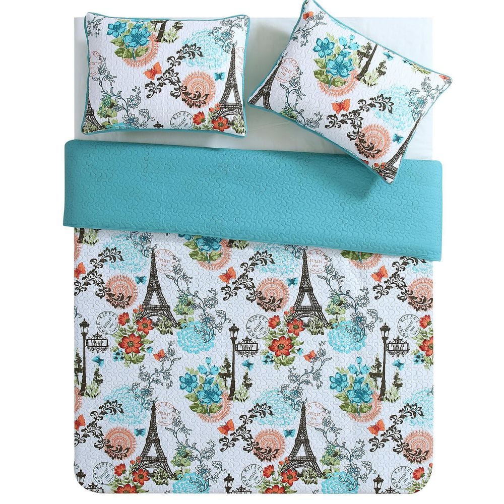 Eiffel Blue Reversible Microfiber King Quilt Set