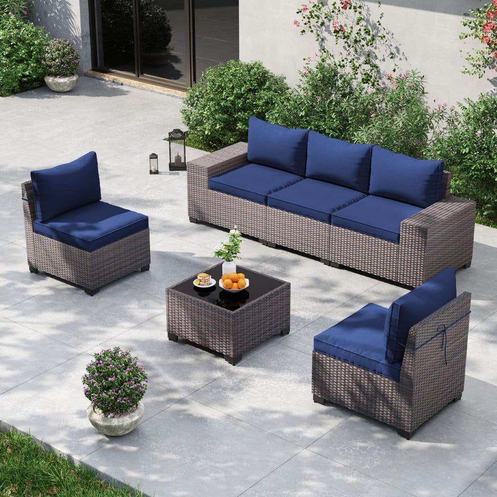 Zerpod 6-Piece Brown Wicker Outdoor Sectional Set with Wide