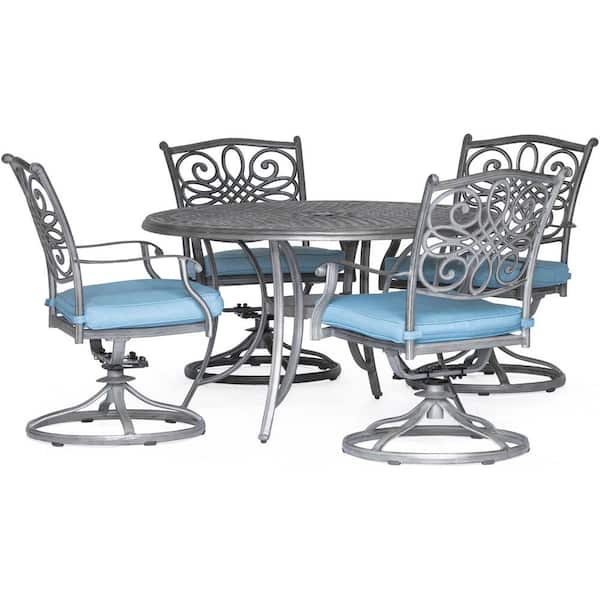 Hanover Traditions 5-Piece Aluminum Outdoor Dining Set with Blue Cushions 4-Swivel Rockers and a 48 in. Round Table