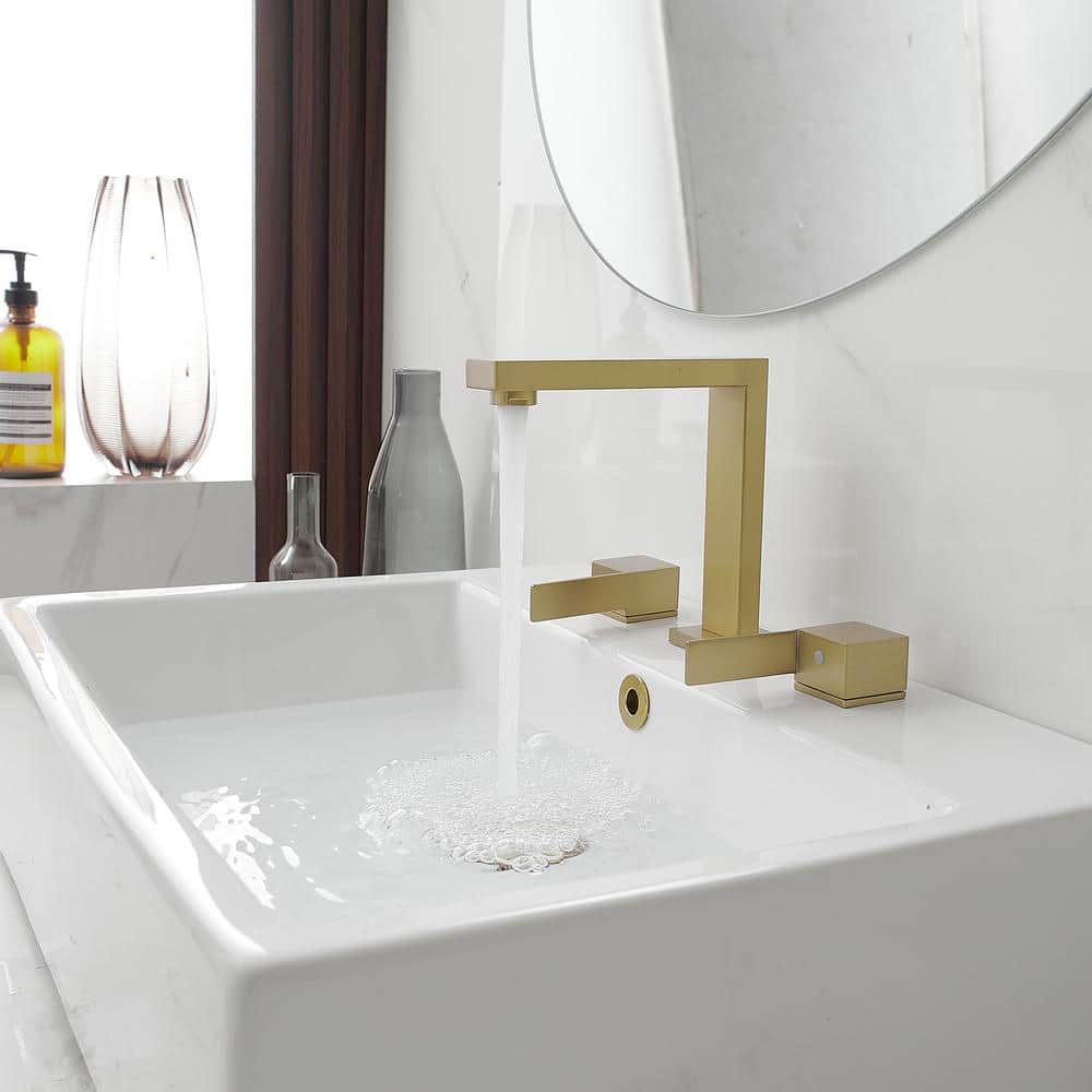 Brushed Gold Widespread Double Handle Mid-Arc Bathroom Faucet