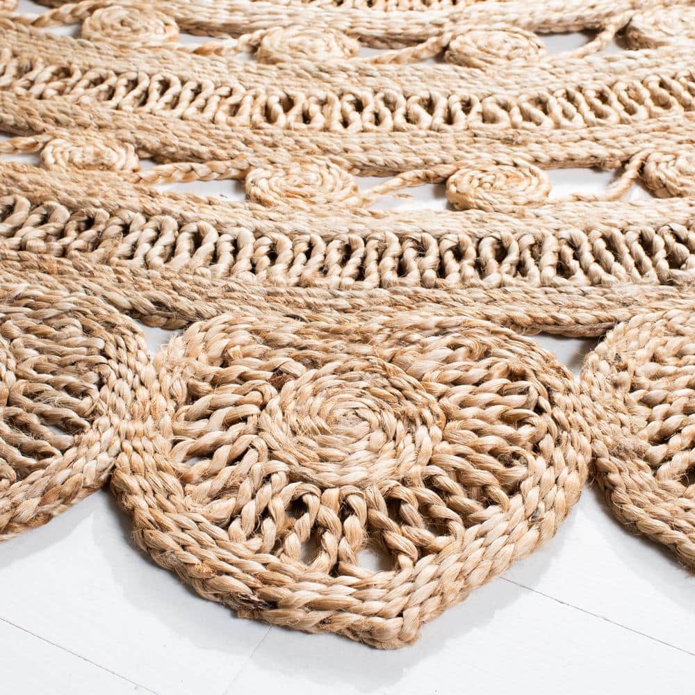 Handmade Natural Jute Round Area Rug with Floral Pattern
