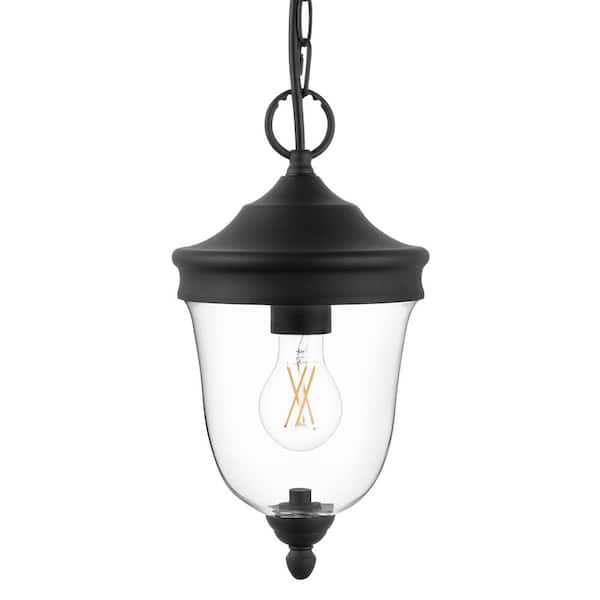 Hampton Bay Russo 13.75 in. 1-Light Matte Black Hanging Dimmable Outdoor Pendant Light with Clear Glass and No Bulb Included