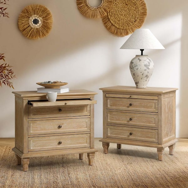 Julia Natural 27 in. H Traditional 3-Drawer Solid Wood Legs Nightstand with Charging Station Set of 2