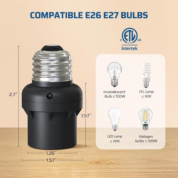 100-Watt Incandescent/CFL/LED/Halogen Screw-In Dusk to Dawn Light Control Sensor Socket, Black (4-Pack)