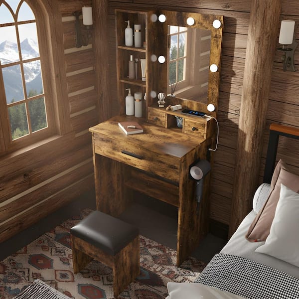 TRIE Makeup Vanity Set with Stool 3-Color LED Mirror Power Outlets Hair Dryer Holder Drawer and Shelves in Rustic Oak