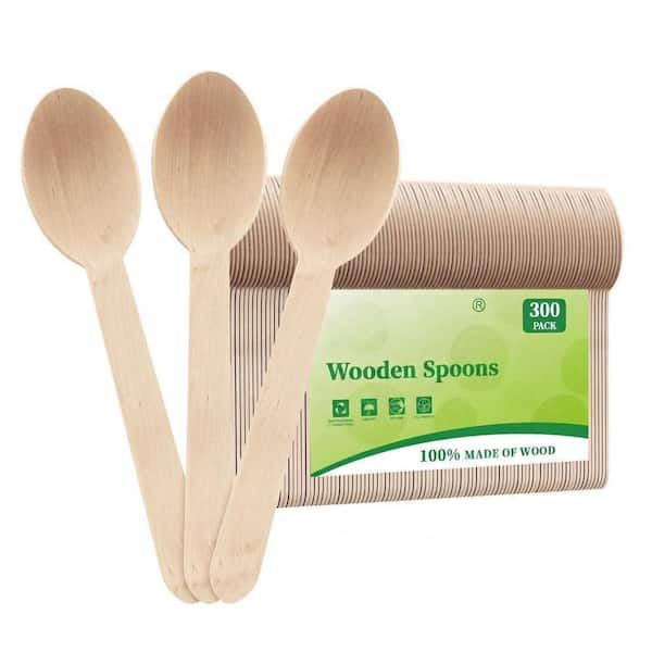 Natural Finish Compostable Wooden Disposable Spoons 300 Pack Eco-Friendly Biodegradable for Party Camping