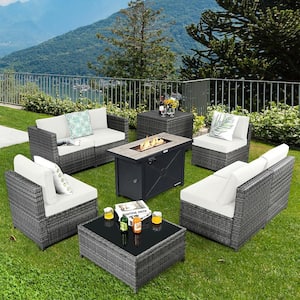 9-Pieces Patio Rattan Furniture Set Fire Pit Table Storage Black with Cover Off White