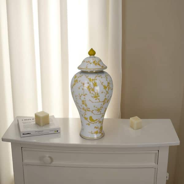 Chris White and Yellow Round Ceramic 9.5 in. Decorative Lidded Accent Jar