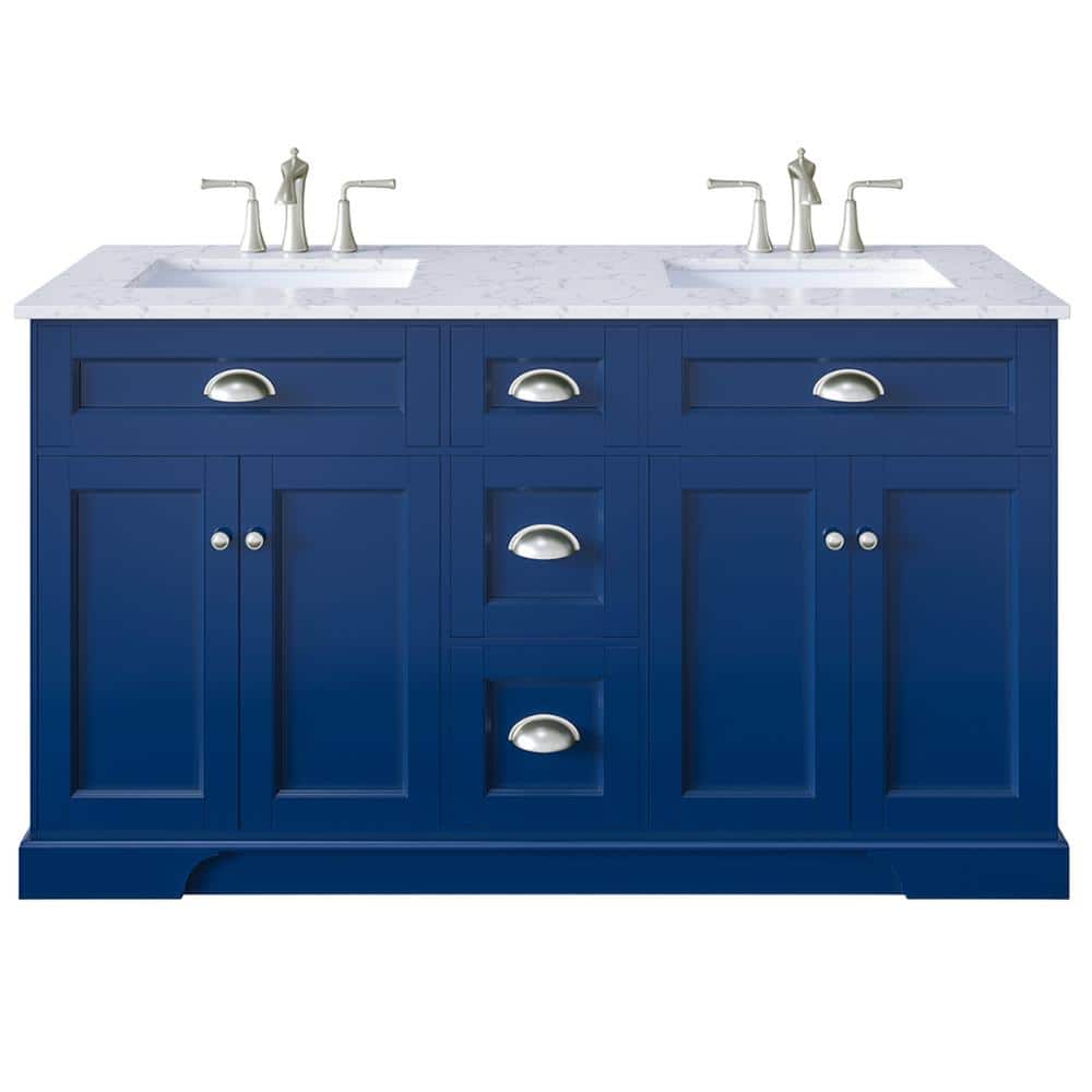 Epic Blue Solid Wood Double Sink Bathroom Vanity with Quartz Top