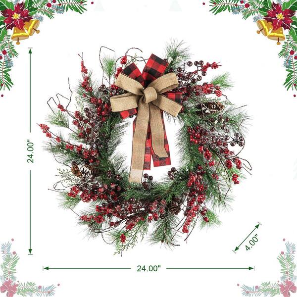 Glitzhome 24 in. D Unlit Frosted Berry, Pine with Bowknot Artificial  Christmas Wreath 2010500002 - The Home Depot