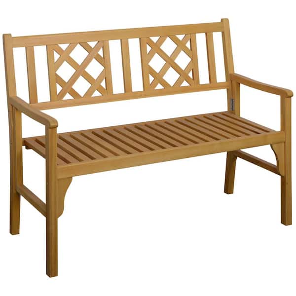 Zeus & Ruta Natural Wooden Outdoor Bench for 2, Portable Folding Loveseat 2-Seater Chair with Backrest, Armrests, Slat Seat