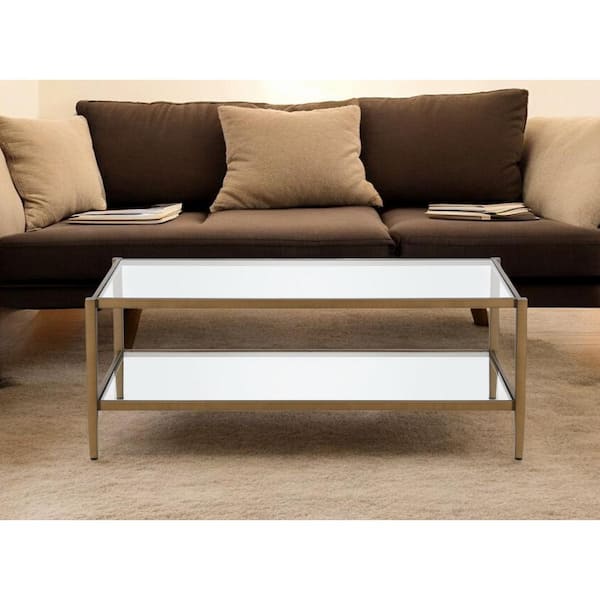 HomeRoots 45 in. Gold Rectangle Glass Coffee Table with Shelves;Storage