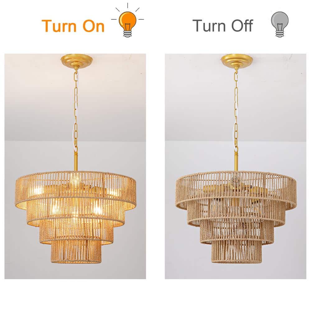 Brass and Rattan Tiered Geometric Pendant Light