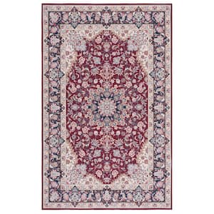 Tuscon Red/Navy 9 ft. x 12 ft. Machine Washable Floral Border Area Rug