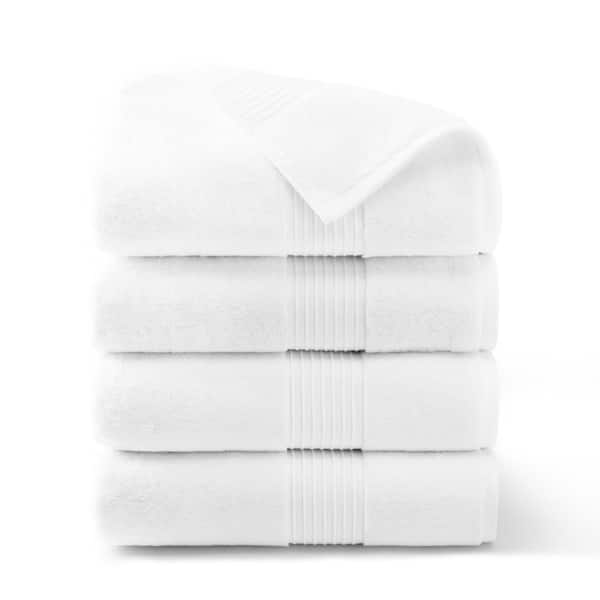 Solid Dobby Border 30 in. x 58 in. White Cotton Bath Towel Set 4-Pack