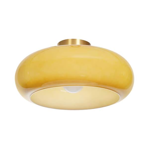 15.75 in. 1-Light Brass Modern Flush Mount with Yellow Glass Bubble Shade and No Bulbs Included