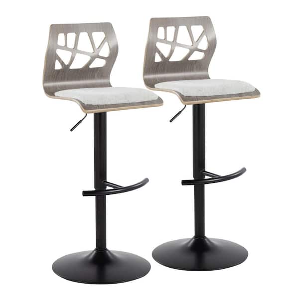 Lumisource Folia 32.5 in. Light Grey Fabric, Light Grey Wood and Black Metal Adjustable Bar Stool (Set of 2)