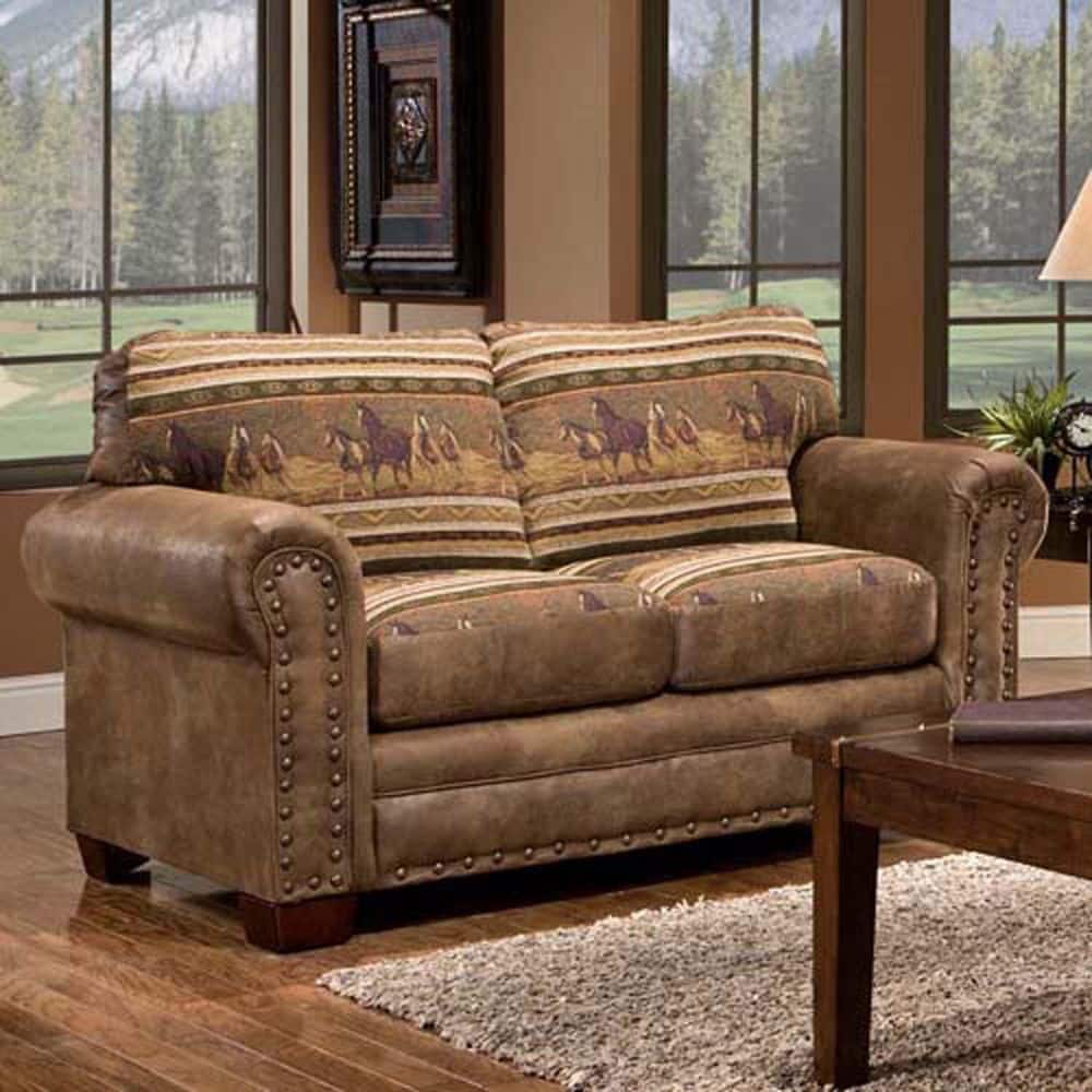 Brown Microfiber Nailhead Loveseat with Pillow-Top Arms