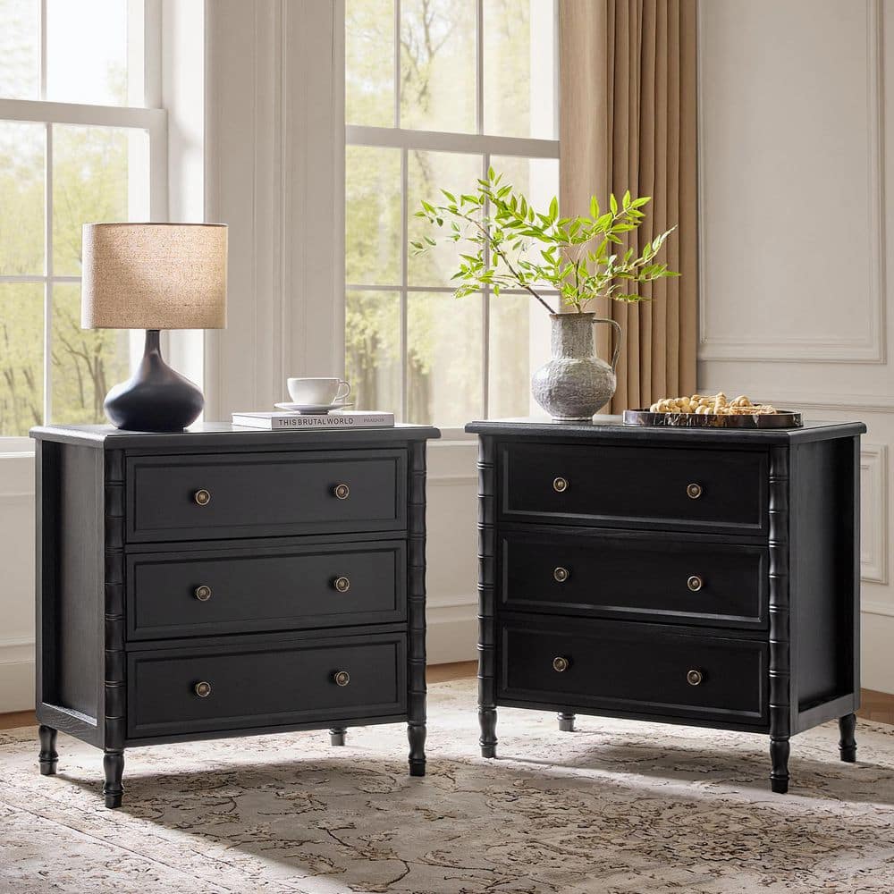 Fay Black Transitional 3-Drawer 28 in. W Nightstand with Charging Station Set of 2