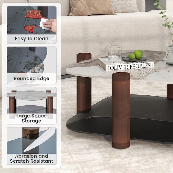 35 in. W Square Tempered Glass and Stone Tabletop Modern Coffee Table with Steel legs in Brown