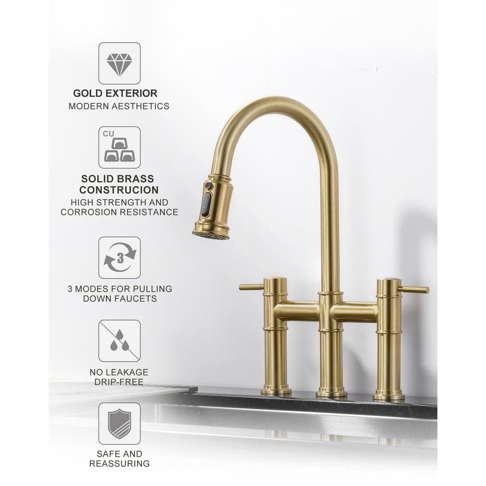 Gold Double Handle Bridge Kitchen Faucet with Pull Down Sprayer
