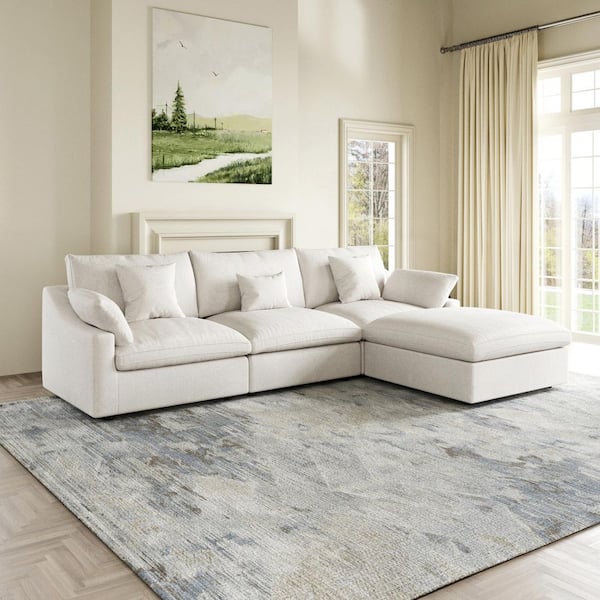 119 in. Square Arm Linen 4-Piece Oversized L-Shaped Cloud Modular Sectional Sofa with Ottoman, Washable Covers in. White