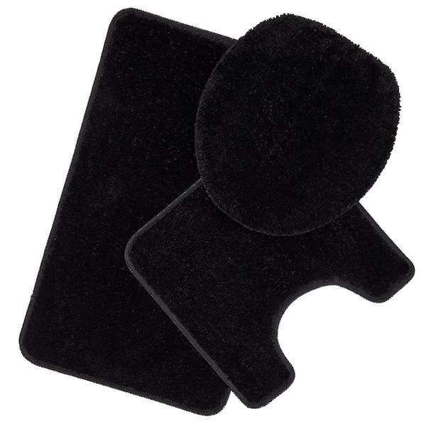 Ottomanson Sahara Collection Washable Non-Slip Rubberback Bath Rug Set, 3 Piece - 18" x 30"/18" x 19"/18" x 18", Black