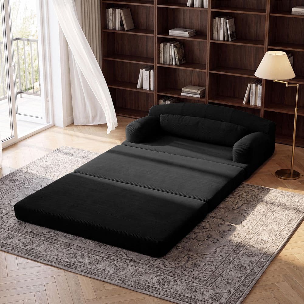 Modern 57.1 in. Black Corduroy Upholstered Compressed Foldable Full Size Loveseat Sleeper Sofa Bed