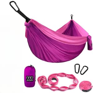 10.4 ft. 2-Person Portable Camping Hammock in Fuchsia and Pink with Carabiners, Tree Straps and Storage Bag