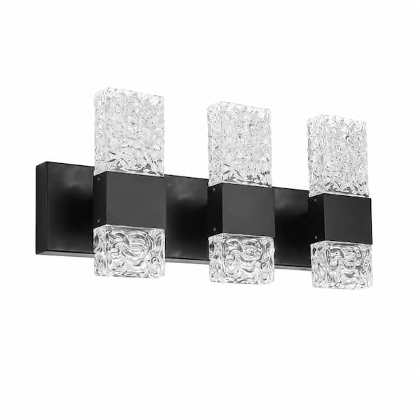 Black 3-Light Crystal LED Bathroom Vanity Light Over Mirror, 30W 2500 Lumens, 6000K Cool Light, 21.5