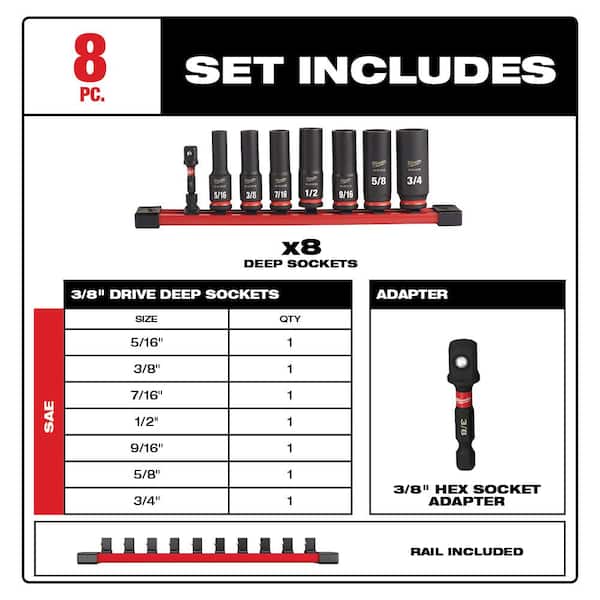 SHOCKWAVE Impact Duty 3/8 in. SAE Deep Impact Rated Socket Set (8-Piece) and 1 Inkzall Jobsite Permanent Marker