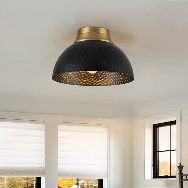 11.8 in. 3-Light Dome Matte Black and Gold Hammer Flush Mount Light for Bedroom Dining Room Foyer
