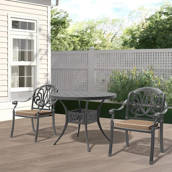 Willit Elizabeth Black 3-Piece Cast Aluminum Outdoor Dining Set with 39.37 in. Round Table and Random Color Seat Cushions